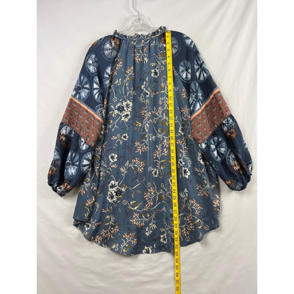 Est. 1946 Blouse Womens XL Blue Floral Mixed Print Tassel Tie Dye Balloon Sleeve - Picture 6 of 9